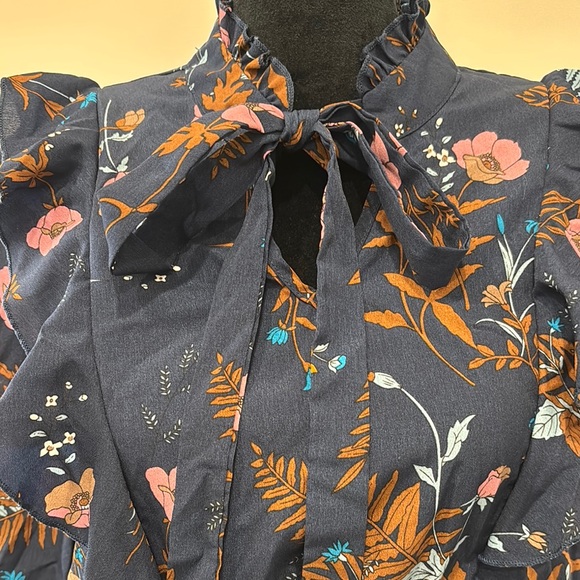 Blue maxi gown with long bishop sleeves and mock neck for wedding guest - Picture 4 of 4